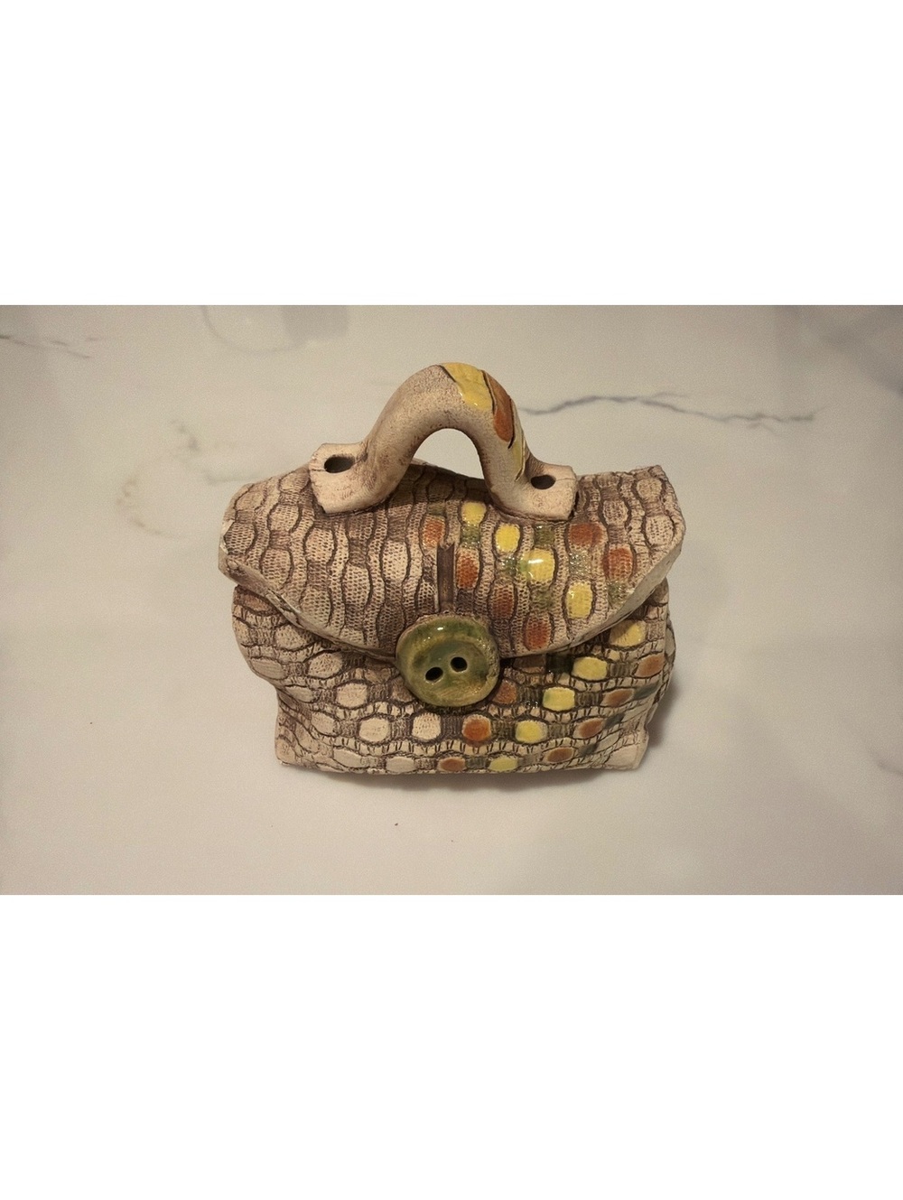 Handcrafted Ceramic Purse-Shaped Coin Bank with Button Detail
